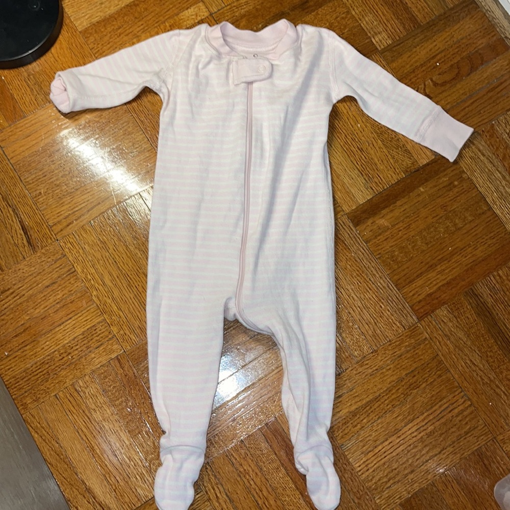 Moon and back Hanna Anderson pink and white stripe full zip footie sleeper 3-6mo